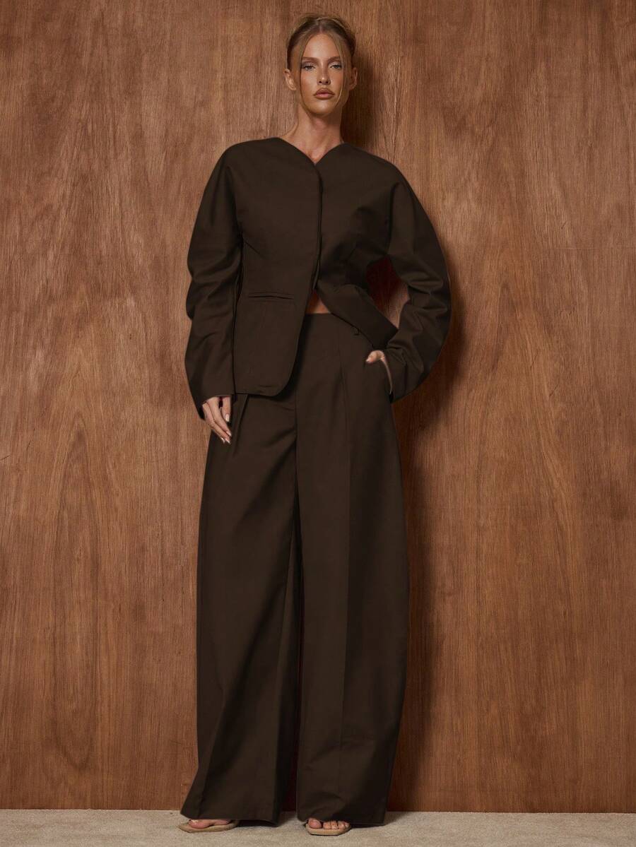 MUSERA Extreme Wide Leg Pleated Suit Trousers Only Cute Date Night Going Out Night Out Work Office Clean Cut Pants - Brown - View 1