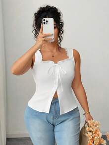 Elenzga Plus Size Casual Solid Color Front-Button Cami Top, Summer - White - View 6