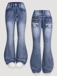 SHEIN Explorewe Tween Girls Jeans - 2025 秋冬新品，美式复古水洗刺绣喇叭牛仔裤，复古小众弹力修身喇叭裤，中腰设计，舒适，复古重度水洗，时尚，贴身剪裁，弹力，紧身，修身，直筒裤，适合日常外出、上学、通勤、派对、居家，非常适合万圣节 - 中等水洗藍 - 查看 1