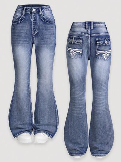 SHEIN Explorewe Tween Girls Jeans - 2025 Autumn/Winter New Arrival, American Vintage Washed Embroidered Flare Jeans, Retro Niche Elastic Slim Fit Flare Leg Jeans, Mid-Waist Design, Comfortable, Vintage Heavy Wash, Fashion, Snug Fit, Elastic, Skinny, Fitted, Straight Leg, Suitable For Daily Outings, School, Commuting, Parties, Home, Perfect For Halloween Women Boot Cut Jeans Flared Jeans Girls Girls Bell Bottom Jeans Tween Girls Medium Wash Blue Flare Leg Jeans