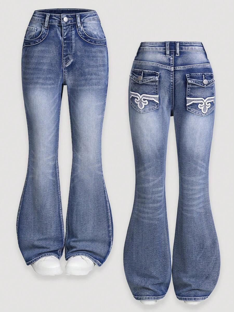 SHEIN Explorewe Tween Girls Jeans - 2025 秋冬新品，美式复古水洗刺绣喇叭牛仔裤，复古小众弹力修身喇叭裤，中腰设计，舒适，复古重度水洗，时尚，贴身剪裁，弹力，紧身，修身，直筒裤，适合日常外出、上学、通勤、派对、居家，非常适合万圣节 - 中等水洗藍 - 查看 1