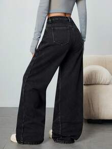 SHEIN Tall 高腰女式宽松休闲百搭口袋牛仔阔腿裤 - 黑色 - 查看 2