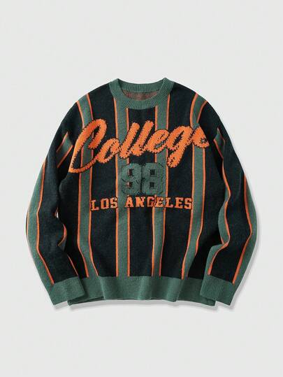 Street Life Jersey casual de hombre con bloques de color, rayas y estampado de letras, para otoño/invierno