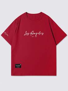 Manfinity EMRG 男士休闲字母印花短袖T恤，夏季 - 酒紅色 - 查看 3