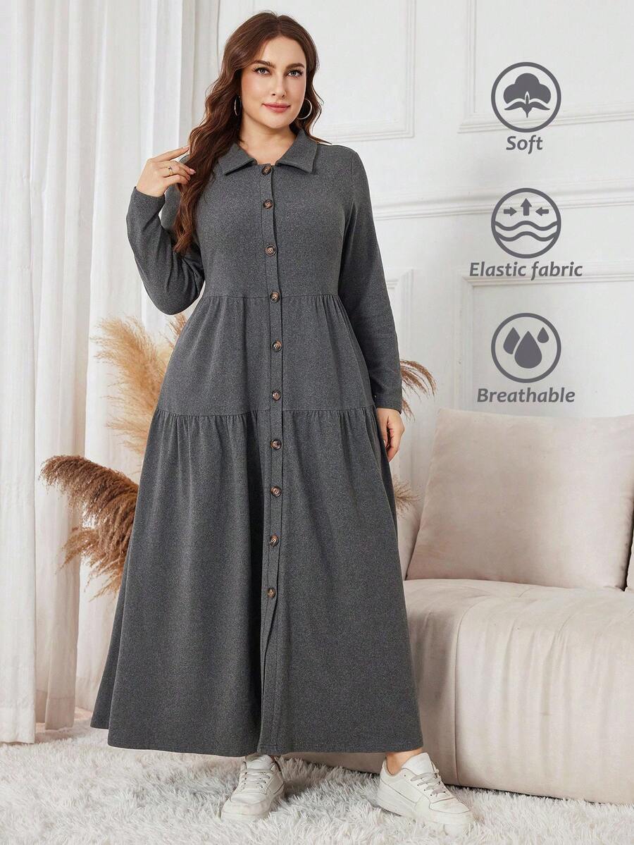 Lacomfia Plus Size Women Elegant Solid Color Button Front Knit Dress, Autumn - Dark Grey - View 1