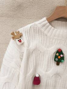 GlowEve Autumn/Winter New Christmas Element 3D Decor Cable Knit Crew Neck Drawstring Long Sleeve Comfortable Fabric Casual Elegant Sweater For Women, Suitable For Multiple Occasions