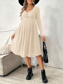 SHEIN Maternity Solid Ribbed Collar Button Front Long Sleeve Dress, Spring/Autumn - Apricot - View 5