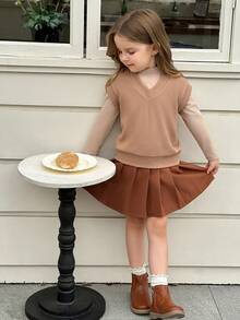 Young Girls Cute Khaki Sleeveless Vest Paired With Khaki Long Sleeve Comfortable Top, Pleated Skirt Autumn/Winter Fashion Set - Coffee Brown - View 3