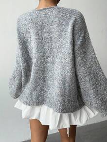 Aloruh Minimalist Casual Solid Color Ribbed Knit Front Tie Raglan Sleeve Cardigan In Fall/Winter - Grey - View 3