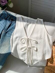 SHEIN EZwear 大码女式纯色前系带无袖休闲衬衫