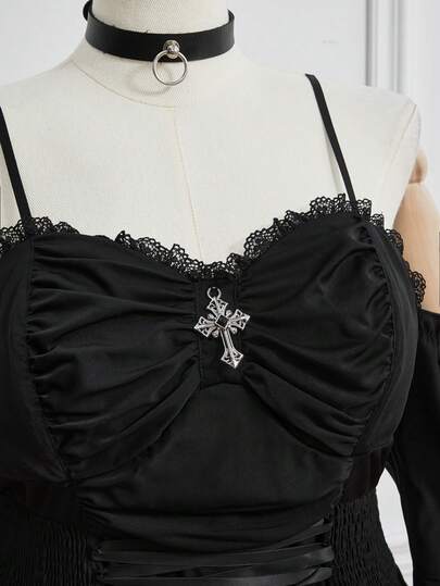 EDITION Vestido de mujer de manga abullonada con hombros descubiertos, cintura asimétrica con cadena metálica desmontable y estilo gótico vintage para tallas grandes