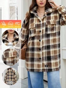 SHEIN LUNE 格子休闲宽松前扣长袖大码女式夹克 - 彩色 - 查看 5