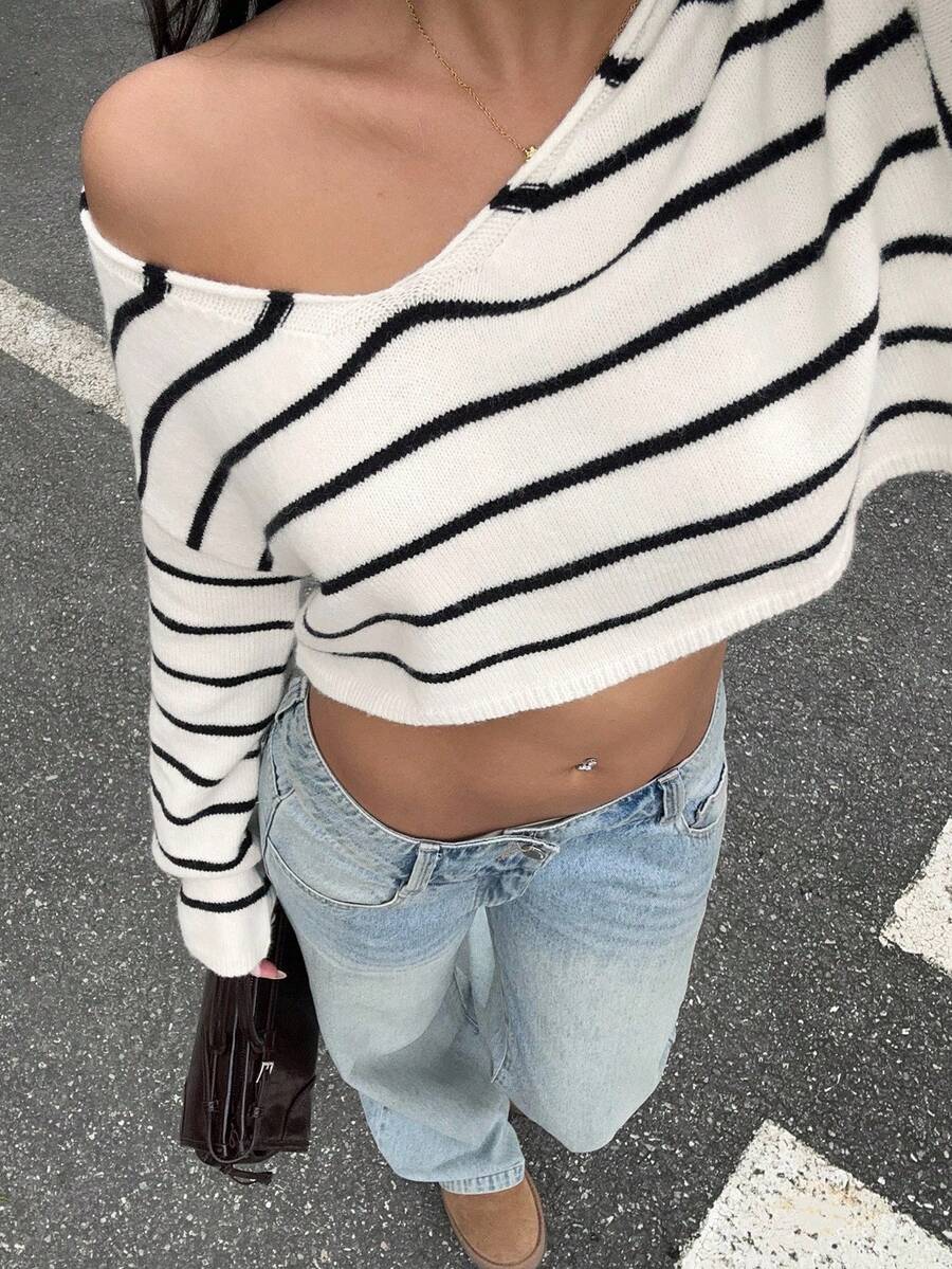 SHEIN Unity Fashionable Sexy V-Neck Versatile Striped Women Sweater