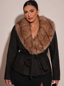 SHEIN BAE Plus Size Fashion Fur Collar Belted Jacket, Autumn/Winter - Black - View 8