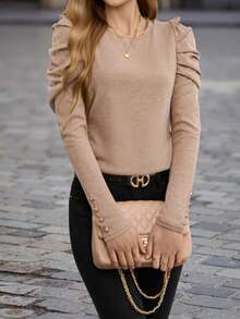 EMERY ROSE Camiseta unicolor de manga gigot - Marrón Mocha - Ver 3