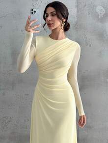 Firerie فستان ماكسي أنيق للنساء بأكمام طويلة وياقة مستديرة وخصر منتفخ، لون أصفر فاتح، مناسب للمناسبات الرسمية والعمل والعطلات والحفلات والأسلوب الكلاسيكي