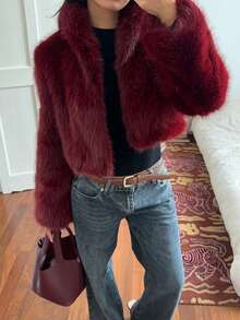Sunnyshic 1件女士勃艮第酒红色仿皮草奢华优雅内衬夹克 - 酒紅色 - 查看 3