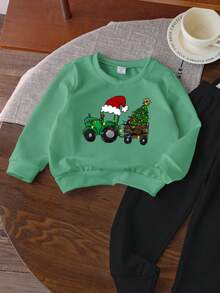 SHEIN 1 Stück Kleine Jungen Grün Rundhals Weihnachts-Muster Sweatshirt, Lässig Sport Streetwear, geeignet für Herbst/Winter, Weihnachten