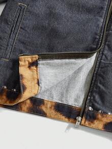 ROMWE MEN Street Life Men's Autumn Leopard Print Letter Graphic Zip-Up Casual Denim Jacket