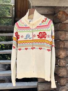 Comfortcana Women's Floral Pattern Raglan Sleeve Zip Front Casual Knit Cardigan, Autumn/Winter Cute Cardigan Winter Sweaters,Christmas Sweater