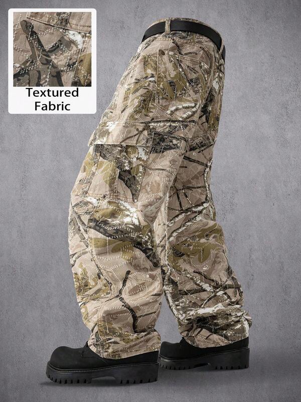 Manfinity Denimwave 男士街头嘻哈树枝图案做旧宽松直筒工装牛仔裤