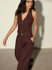 Aveloria Modichic Halter Neck Tie Bow Backless Design Loose Flowy Waist Elastic Waist Wide Leg Pants 2 Pieces Set - Chocolate Brown - View 6