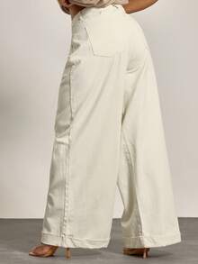 MUSERA 加厚牛仔褶裥细节阔腿卷边牛仔裤，冬季，酷女孩，舒适，日常穿着 - 白色 - 查看 4