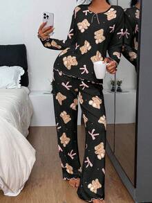 SHEIN Bow & Bear Print Jacquard Knit Long Sleeve Top & Pants Pajama Set Fall Winter Clothes - Black - View 6