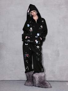 ROMWE Avant Y2K Baddie Punk Girl Bow, Pixel Star, Moon, Heart, Swirl, Rose Print Drawstring Loose Fit Sweatpants With Rhinestones - Black - View 2