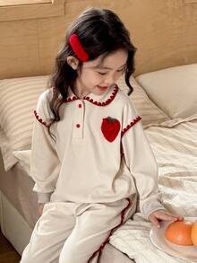 SHEIN Young Girls Casual Collared Pullover Sweatshirt & Tapered Leg Pants Set - Khaki - View 8