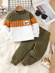 2 件套幼儿男童休闲基本款字母贴花撞色拼色羊毛圆领运动衫和运动裤，适合秋冬季户外穿着，百搭舒适 - 彩色 - 查看 3