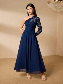 少女吊带蕾丝拼接腰身优雅圣诞派对连衣裙 - 藍色 - 查看 6