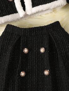 Young Girl Cute & Elegant Faux Pearl Decor Black & White Thickened Short Jacket And Mini Skirt Set For Autumn,7th Birthday Banquet Party Wool Coat - Black - View 4