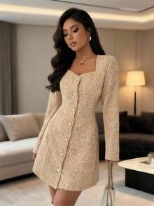 Rafferiza New Arrival Square Neck Elegant Mid-Length Dress For Women, Spring/Autumn - Pale Yellow - View 3