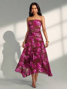 Almamuse Women's Elegant Beach Vacation Strapless Floral Print Dress - Mocha Brown - View 3