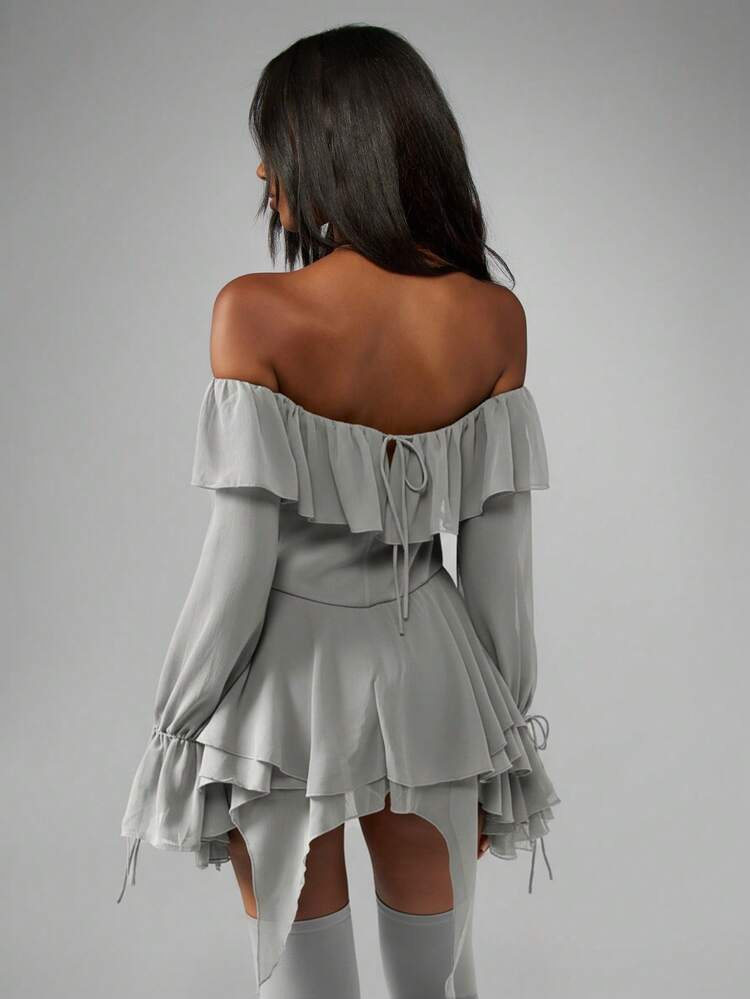 MISSGUIDED Off Shoulder Chiffon Ruffle Bodysuit With Lace Up Corset Detail Long Sleeve Festival Boho