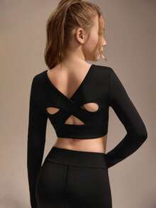 SHEIN Komplet sportowy dla dziewcząt w kolorze czarnym z długim rękawem, obcisły, bardzo elastyczny materiał z wycięciami na plecach w kratkę, odpowiedni do ćwiczeń, jazdy na rowerze, biegania i uprawiania sportu - Czarne - Zobacz 3