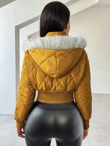 BamGleam Fashionable Versatile Fur Collar Hooded Cropped Jacket, Winter - Yellow - View 2