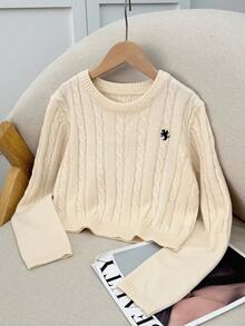 SHEIN Tween 女童休闲纯色圆领长袖麻花针织毛衣 女童短款针织上衣 短款毛衣 女童毛衣 女童针织上衣 秋冬女装 - 杏色 - 查看 2