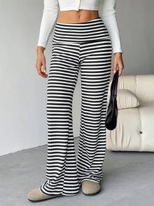 SHEIN Tall Quần thể thao cạp gấp, quần ống loe kẻ sọc thường ngày cho nữ - Đen và trắng - Xem 6