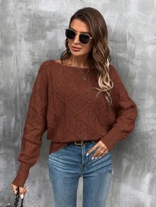 EMERY ROSE Women's Casual Solid Color Crew Neck Pullover Sweater - Rust Brown - View 5