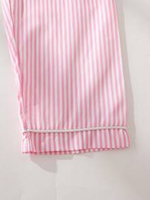 SHEIN 2 件女童条纹长袖上衣和休闲裤家居服套装，条纹开衫，3D 花卉装饰，秋冬 - 粉色 - 查看 6