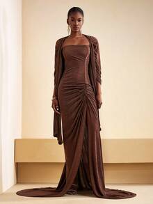 Zivah 2025 秋季新品万圣节生日派对宴会学院风学生日常休闲百搭邮轮旅行热门优雅通勤商务休闲露肩修身高开叉鱼尾下摆连衣裙搭配宽松超长袖罩衫，咖啡色褶皱面料，女士两件套，秋冬 - 鏽棕色 - 查看 5