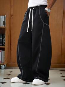 TOKVUE Men Casual Contrast Stitching Drawstring Waist Wide Leg Pants, Fall - Black - View 3