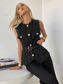 Siren Gaze 女式无袖厚花呢背心，秋冬 - 黑色 - 查看 5