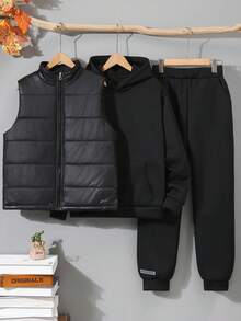 3pcs/Set Teenage Boys Casual Sports Thick Quilted Sleeveless Vest Jacket, Hooded Pullover Sweatshirt, And Outdoor Drawstring Pants, Autumn/Winter