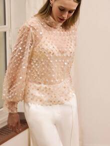 lacRébo Sheer Sequin Embellished High Neck Long Sleeve Top Party Top Sequin Top Pink Top Evening Chic Autumn Winter Premium Top Party Top See Through Tops Shiny Top Sparky Dress Christmas New Year Party Outfits