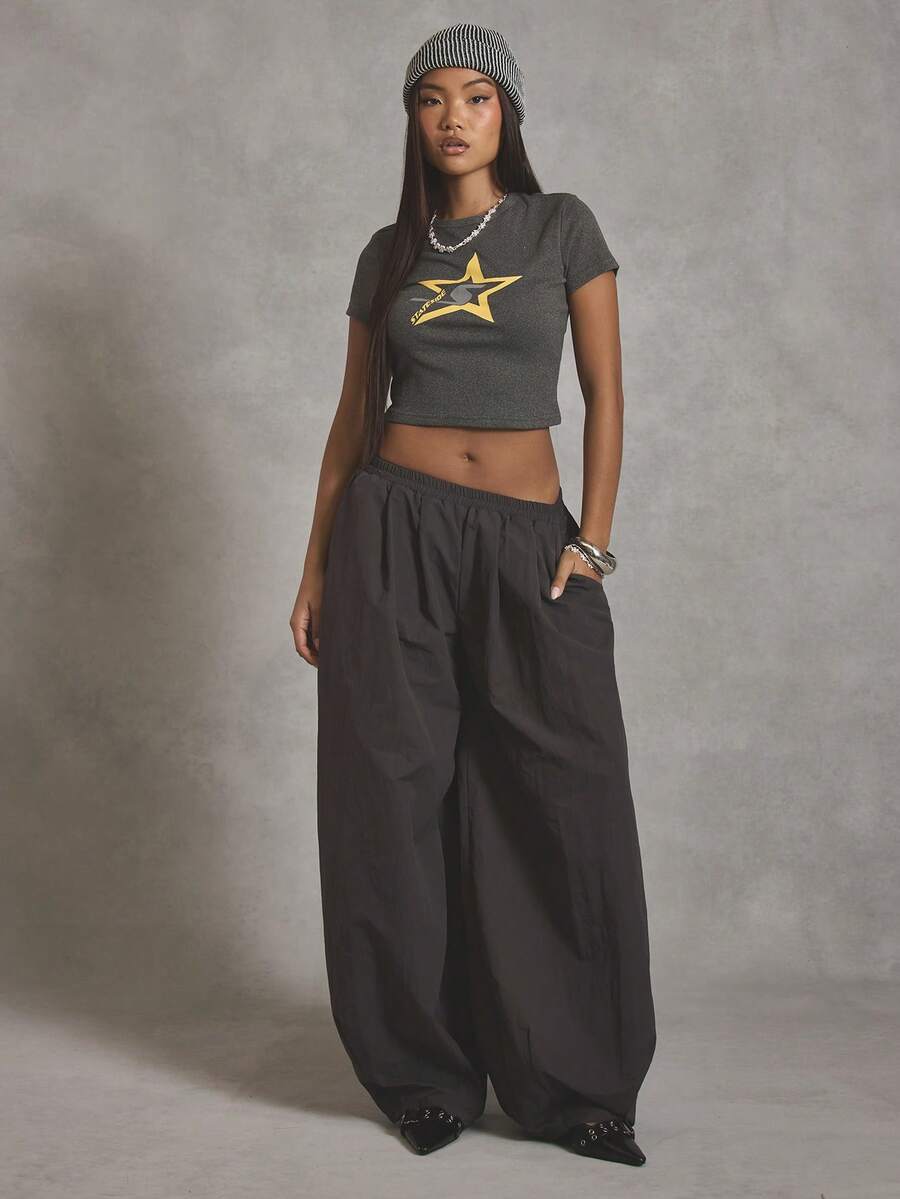 MUSERA 弹力腰尼龙灯笼裤，酷女孩街头风日常秋冬学院风Y2K 1997秋季款 - 深灰色 - 查看 1