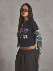 MUSERA Áo thun hai lớp họa tiết rằn ri in khẩu hiệu, phong cách cá tính, đường phố, thường ngày, kiểu dáng thể thao đại học, năm 1997, thanh lịch, mùa xuân hè, ngày lễ. - Nhiều màu - Xem 3