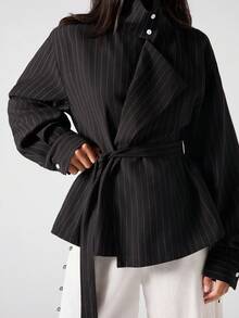 LYSMO Women's Black Striped Turtleneck Dropped Shoulder Long Sleeve Fashionable Versatile Trench Coat, Autumn,Winter Clothes For Women - Black - View 7